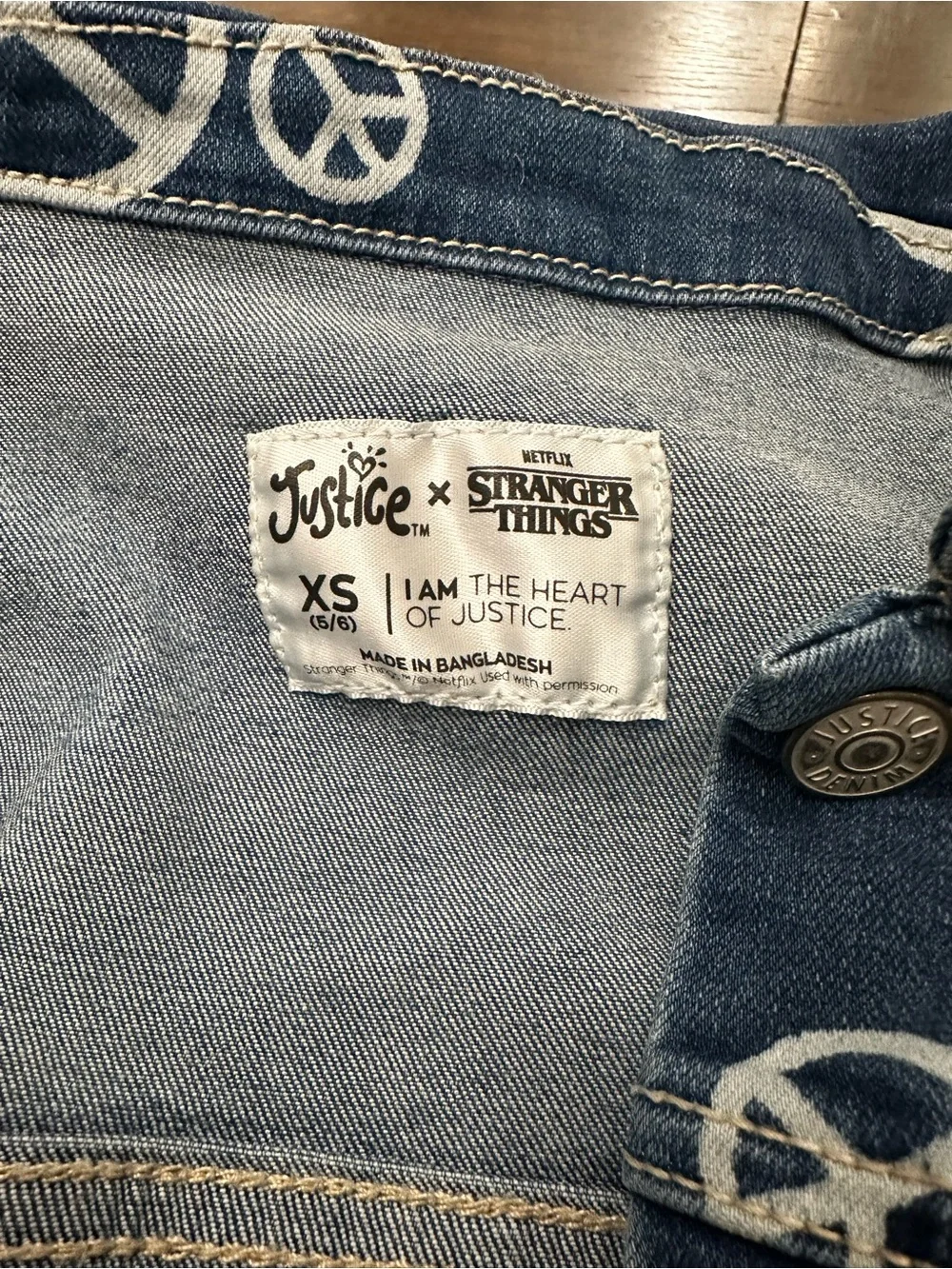 Justice Blue Denim Stranger Things Jacket with White Peace Signs & Smiley Print